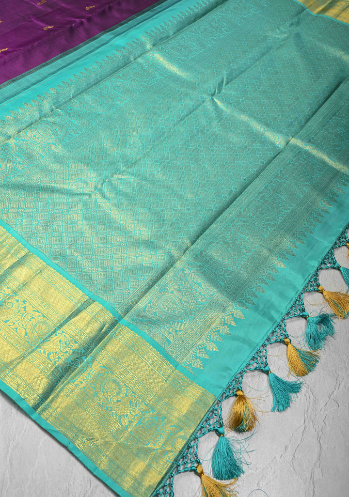 Korvai Vadamalli Purple Pure Kanjivaram with Zari Motifs and Contrast Zari Border | SILK MARK CERTIFIED