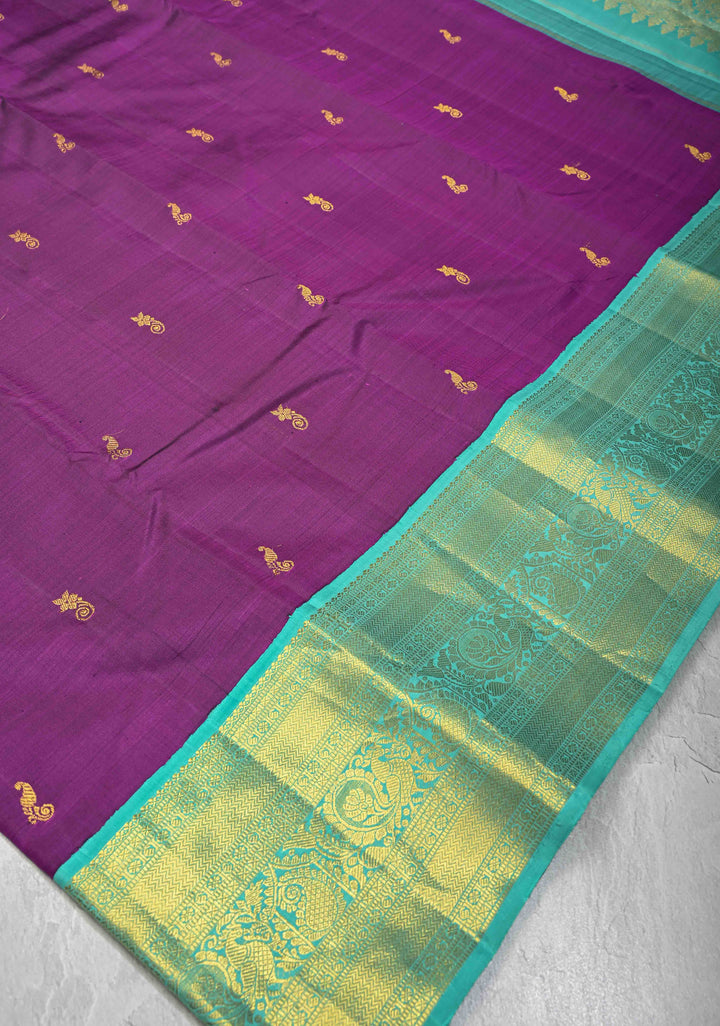 Korvai Vadamalli Purple Pure Kanjivaram with Zari Motifs and Contrast Zari Border | SILK MARK CERTIFIED