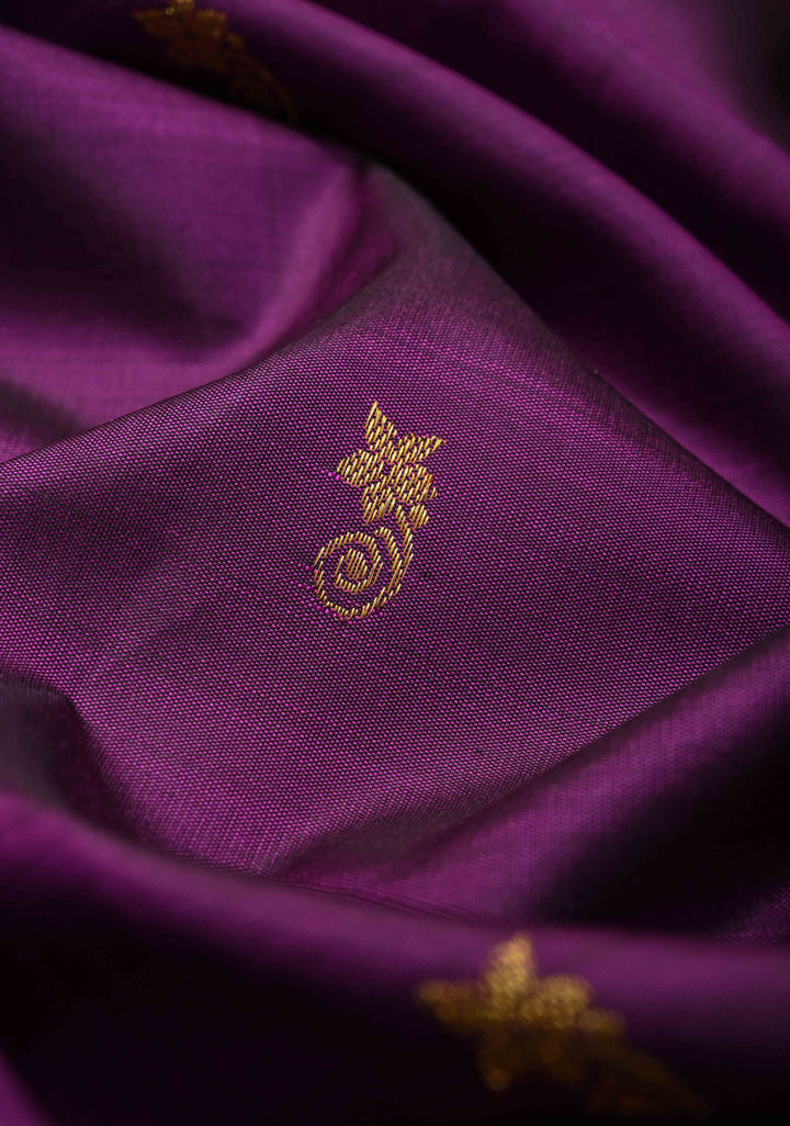 Korvai Vadamalli Purple Pure Kanjivaram with Zari Motifs and Contrast Zari Border | SILK MARK CERTIFIED