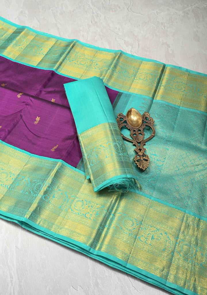 Korvai Vadamalli Purple Pure Kanjivaram with Zari Motifs and Contrast Zari Border | SILK MARK CERTIFIED