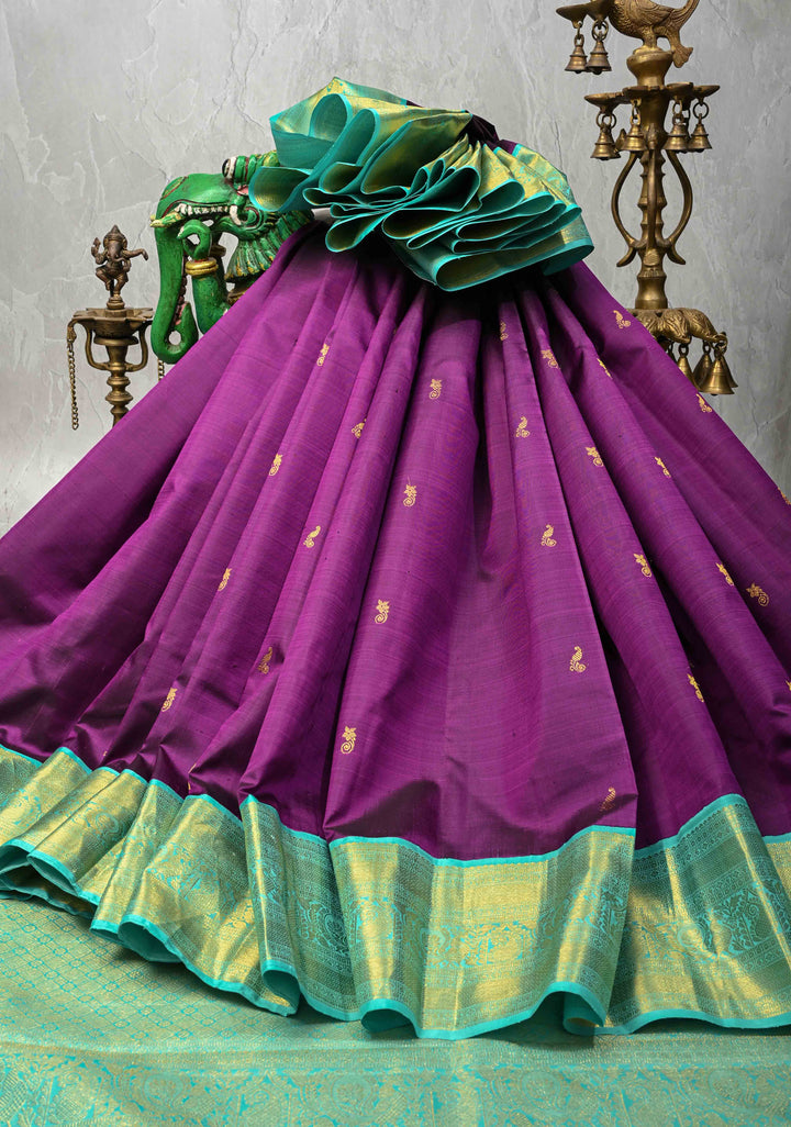 Korvai Vadamalli Purple Pure Kanjivaram with Zari Motifs and Contrast Zari Border | SILK MARK CERTIFIED