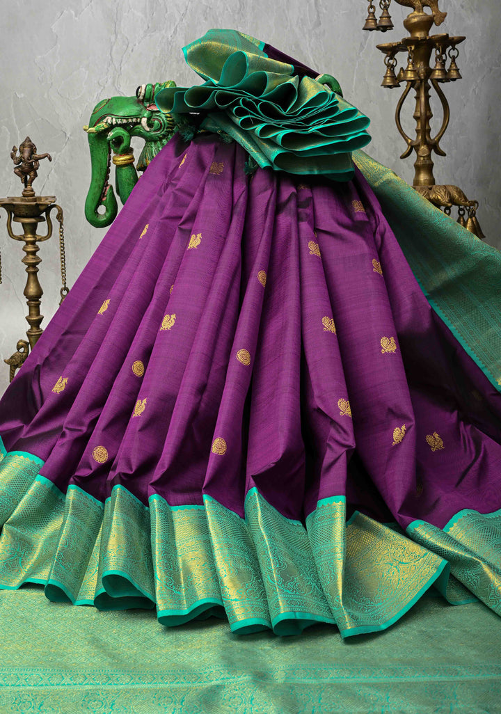 Jamuni Purple Korvai  Kanjivaram Pure Silk Saree with Zari Buttas and Contrast Zari Border | SILK MARK CERTIFIED