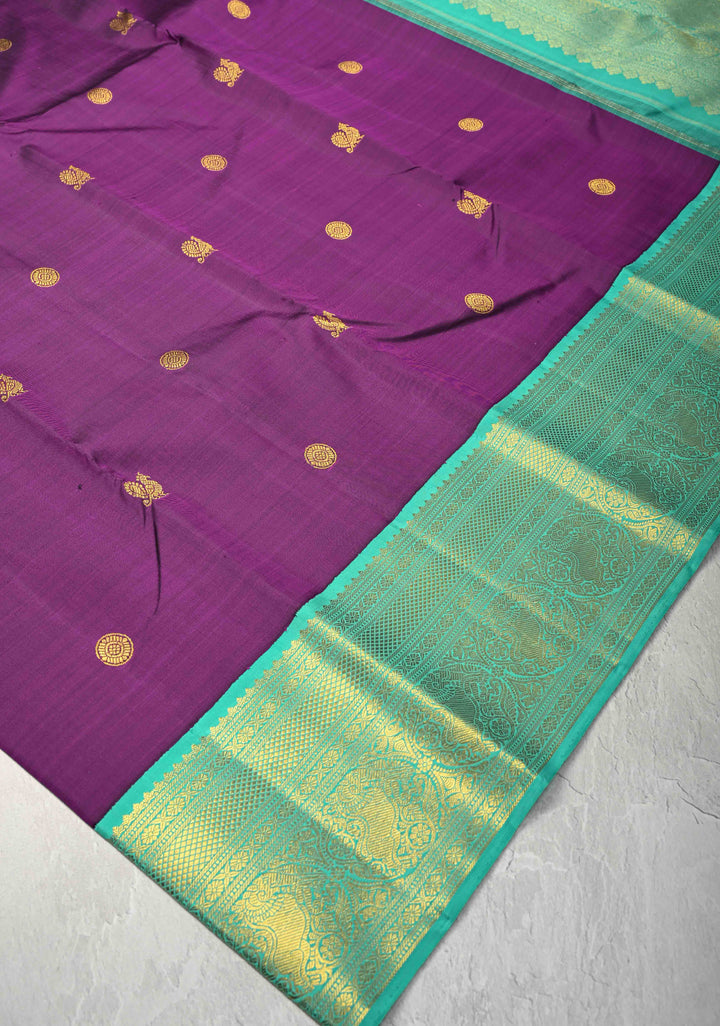 Jamuni Purple Korvai  Kanjivaram Pure Silk Saree with Zari Buttas and Contrast Zari Border | SILK MARK CERTIFIED