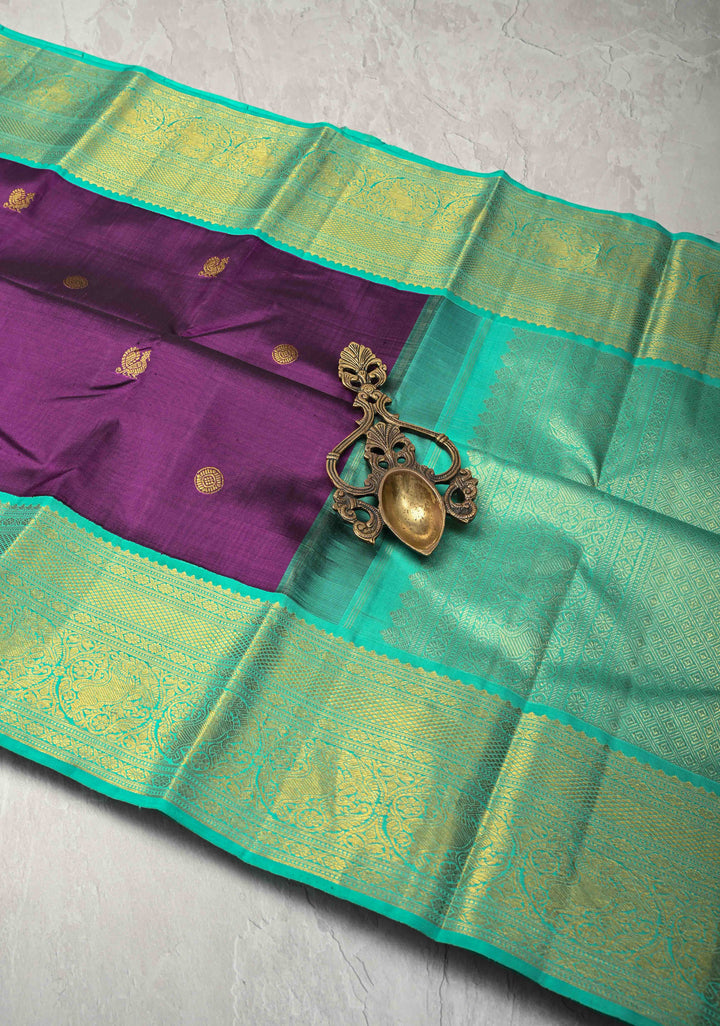 Jamuni Purple Korvai  Kanjivaram Pure Silk Saree with Zari Buttas and Contrast Zari Border | SILK MARK CERTIFIED