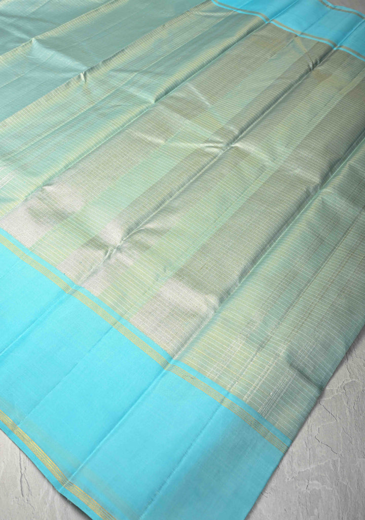 Aqua Blue Kanjivaram Pure Tissue Silk Saree with Zari Checks and Rettaipet Border | SILK MARK CERTIFIED