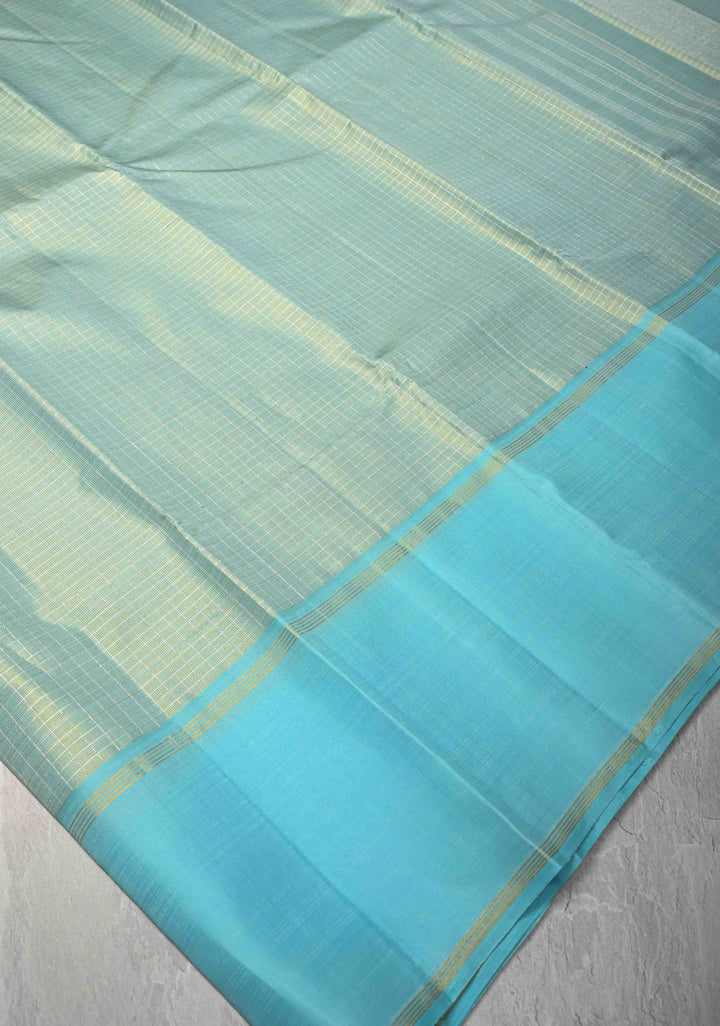 Aqua Blue Kanjivaram Pure Tissue Silk Saree with Zari Checks and Rettaipet Border | SILK MARK CERTIFIED