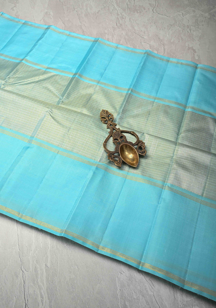 Aqua Blue Kanjivaram Pure Tissue Silk Saree with Zari Checks and Rettaipet Border | SILK MARK CERTIFIED