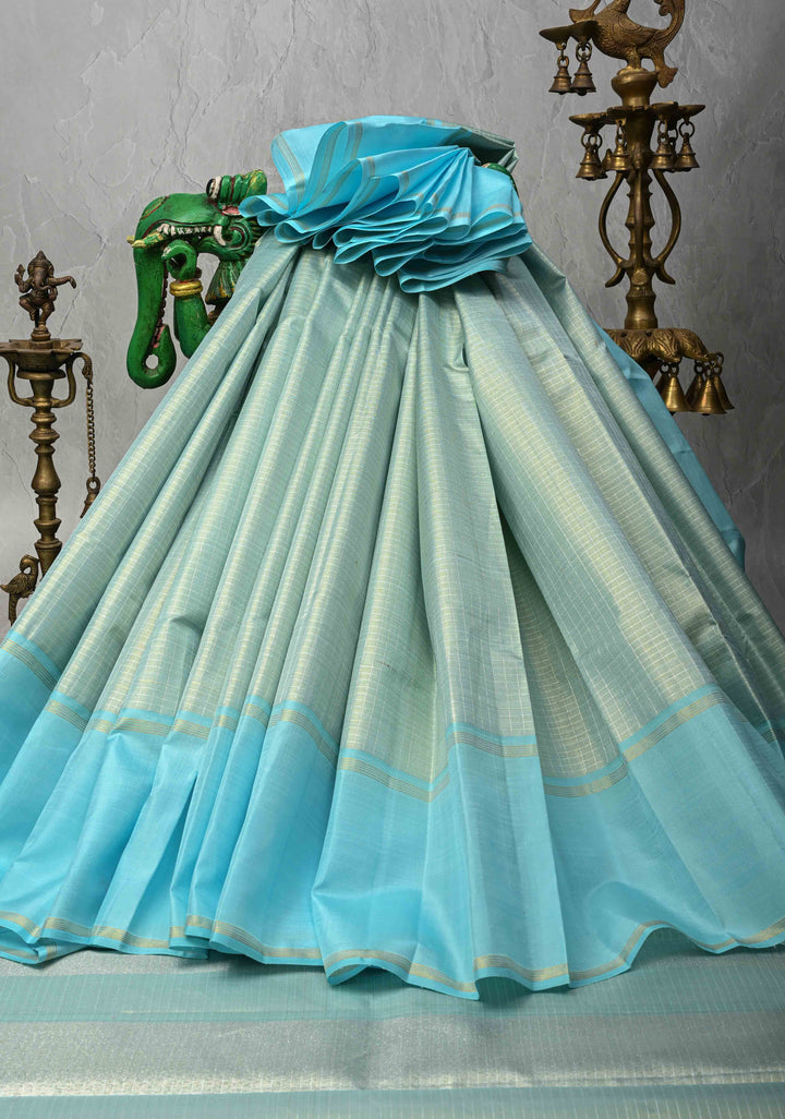 Aqua Blue Kanjivaram Pure Tissue Silk Saree with Zari Checks and Rettaipet Border | SILK MARK CERTIFIED