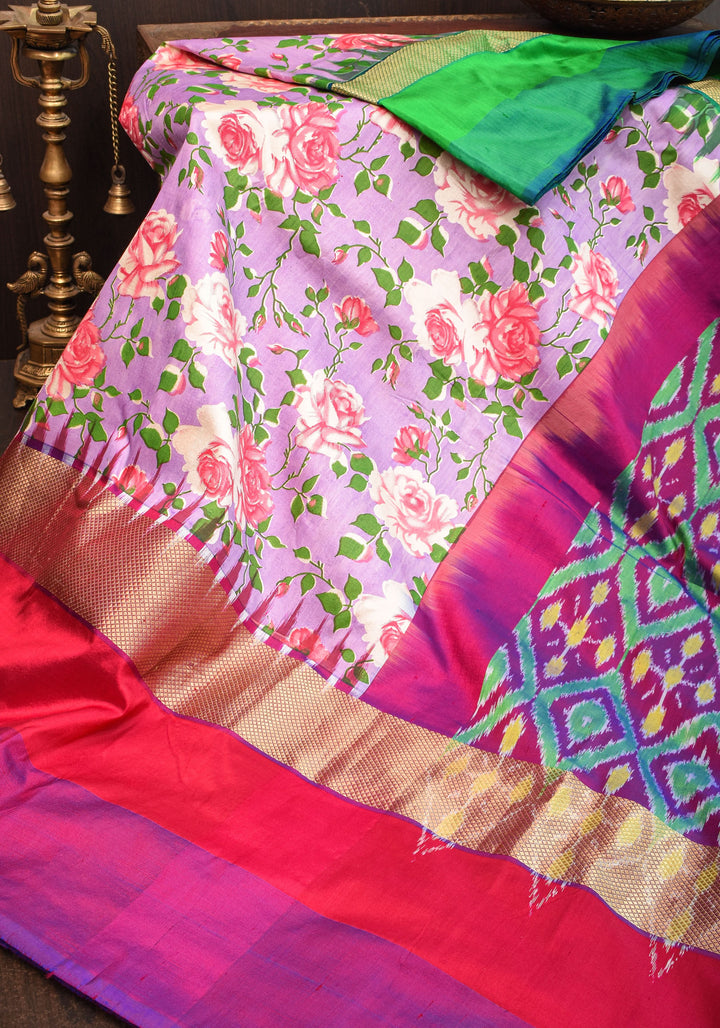 Pure Ikkat Pochampally Printed  Silk in Lilac with Grand Pallu and Zari | SILK MARK CERTIFIED