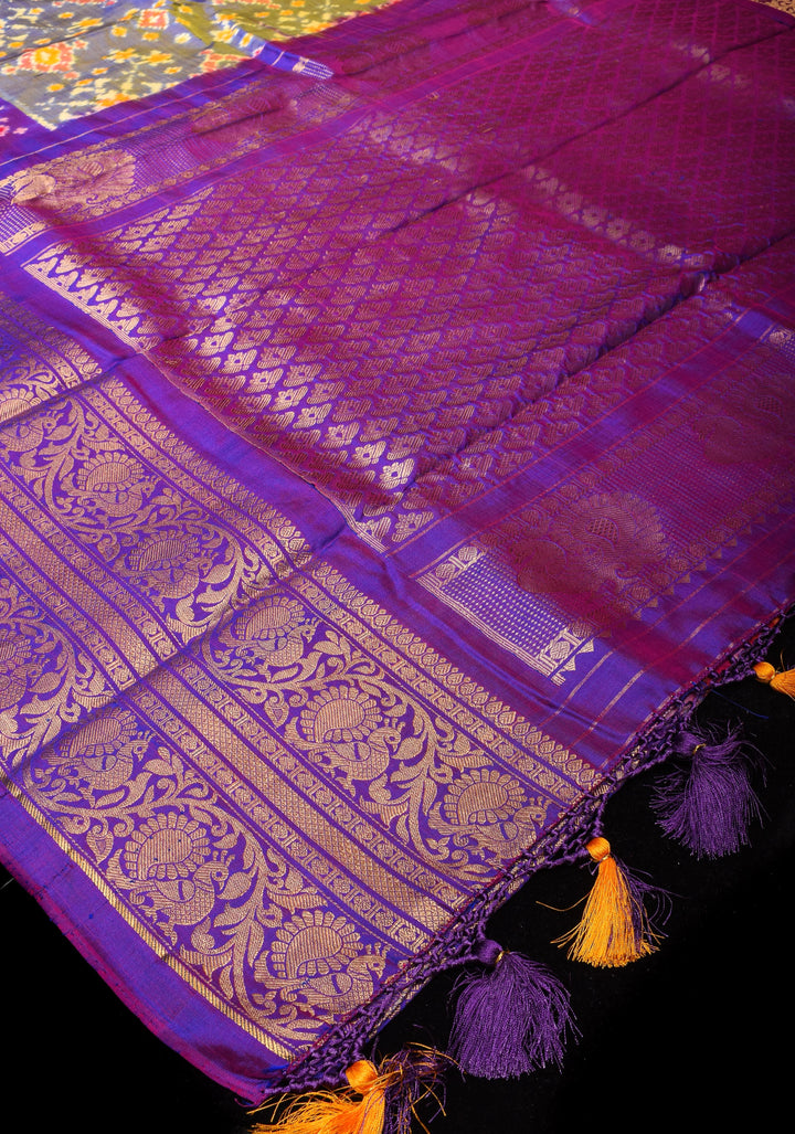 Blue-yellow Ikkat Patola Kanjivaram Fusion Silk Saree with wide zari border |SILK MARK CERTIFIED