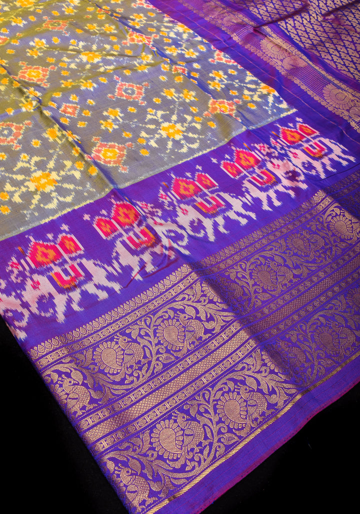 Blue-yellow Ikkat Patola Kanjivaram Fusion Silk Saree with wide zari border |SILK MARK CERTIFIED