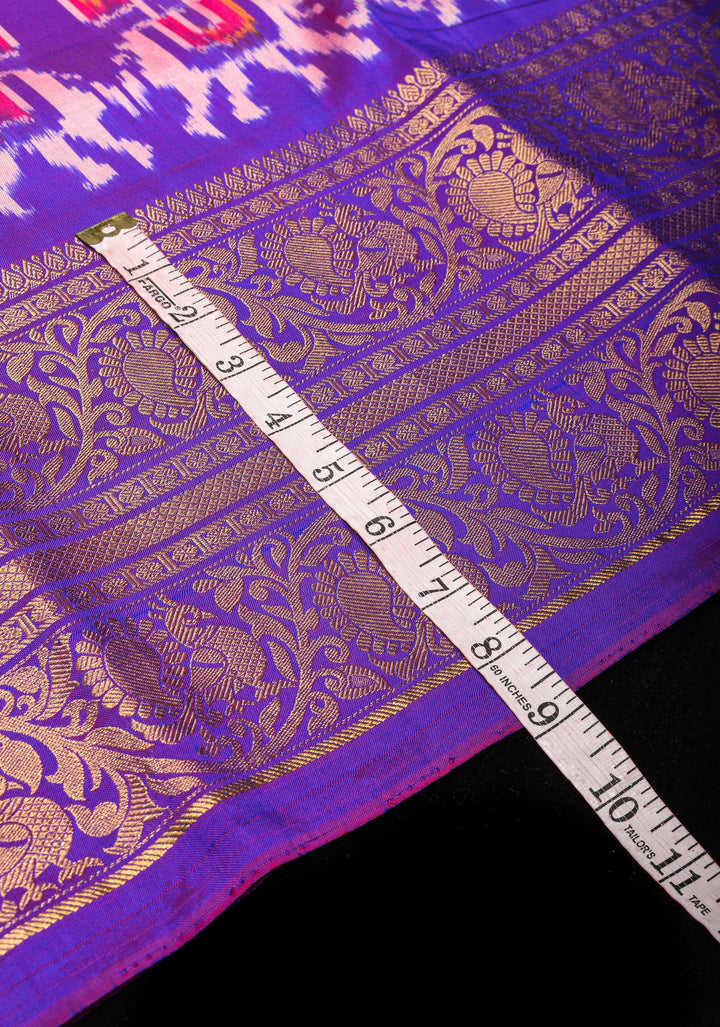 Blue-yellow Ikkat Patola Kanjivaram Fusion Silk Saree with wide zari border |SILK MARK CERTIFIED