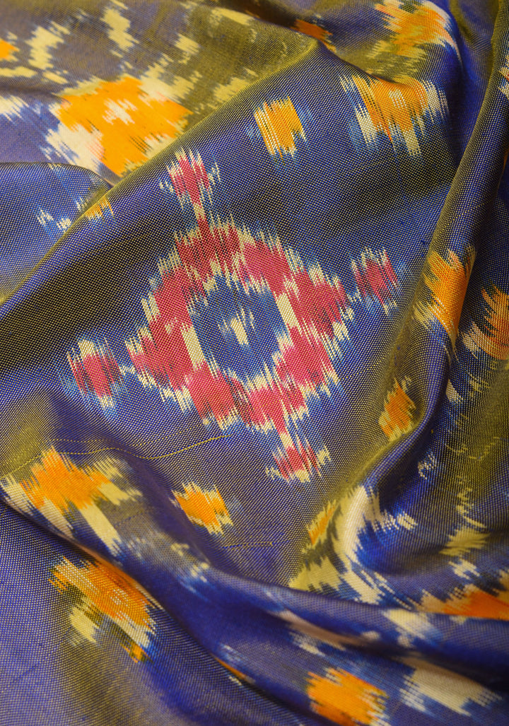 Blue-yellow Ikkat Patola Kanjivaram Fusion Silk Saree with wide zari border |SILK MARK CERTIFIED