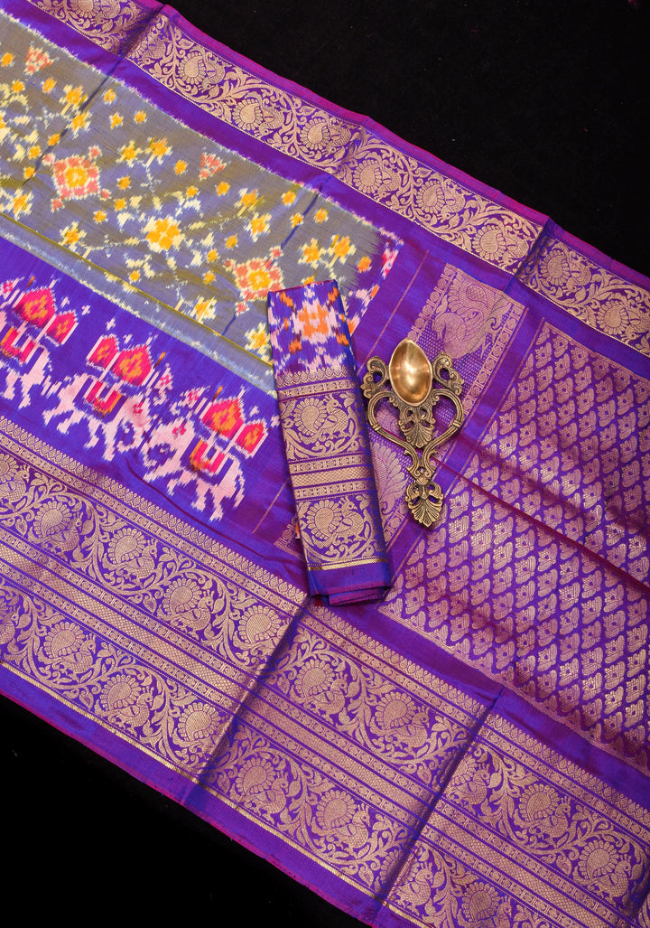 Blue-yellow Ikkat Patola Kanjivaram Fusion Silk Saree with wide zari border |SILK MARK CERTIFIED