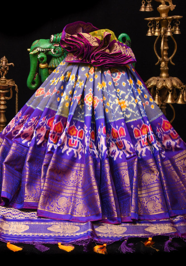 Blue-yellow Ikkat Patola Kanjivaram Fusion Silk Saree with wide zari border |SILK MARK CERTIFIED
