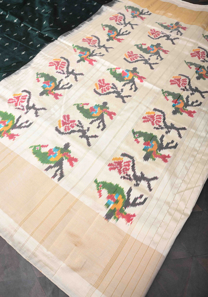 Exquisite Dark Green Ikkat Pure Silk Saree Saree with Meenakari Birds Tissue Border | SILK MARK CERTIFIED