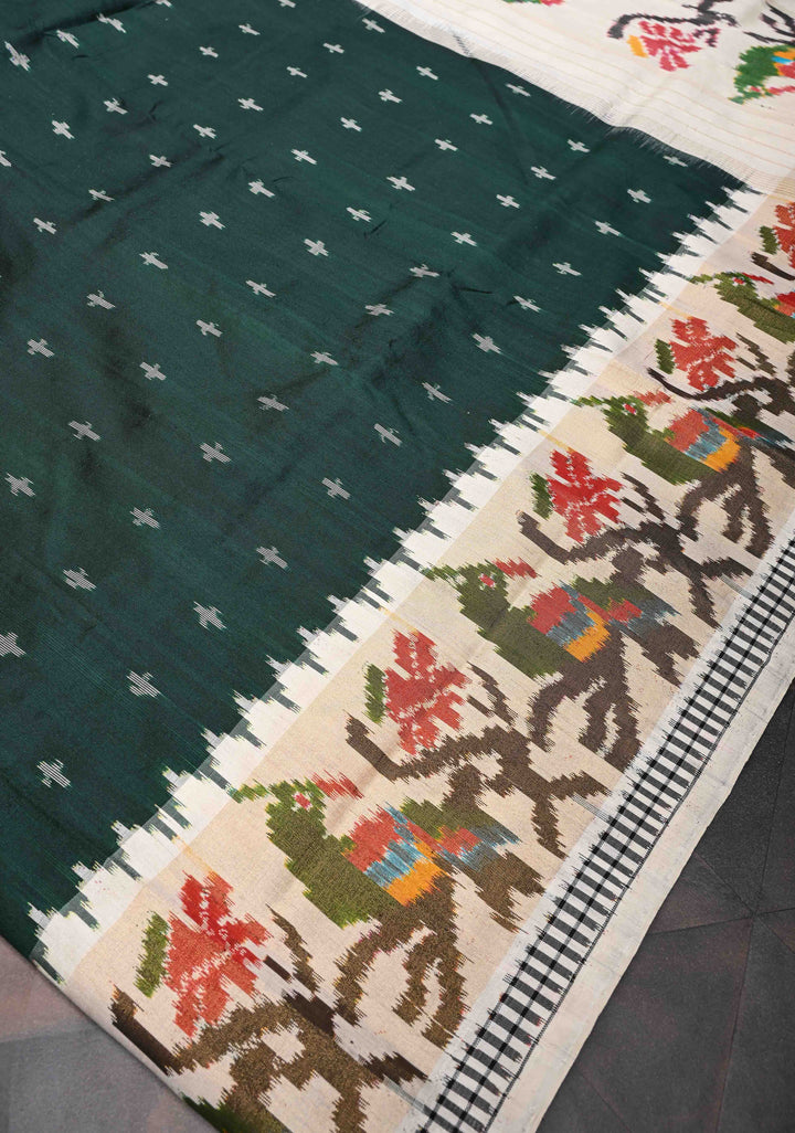 Exquisite Dark Green Ikkat Pure Silk Saree Saree with Meenakari Birds Tissue Border | SILK MARK CERTIFIED