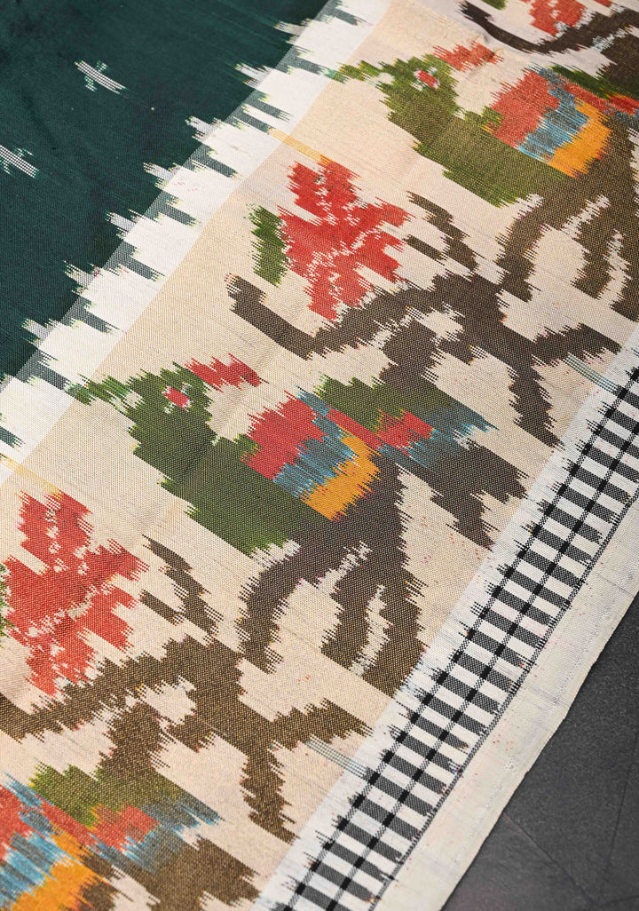 Exquisite Dark Green Ikkat Pure Silk Saree Saree with Meenakari Birds Tissue Border | SILK MARK CERTIFIED