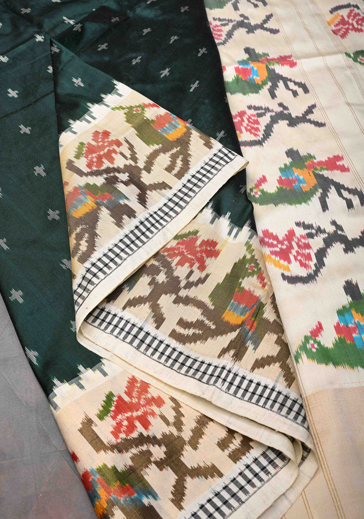Exquisite Dark Green Ikkat Pure Silk Saree Saree with Meenakari Birds Tissue Border | SILK MARK CERTIFIED