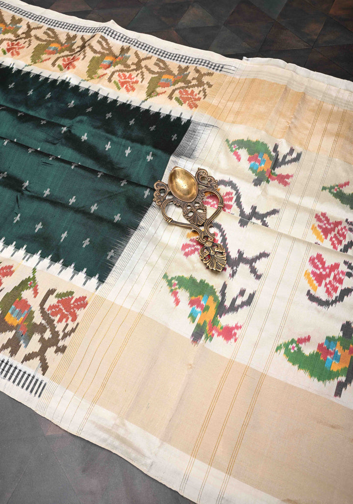 Exquisite Dark Green Ikkat Pure Silk Saree Saree with Meenakari Birds Tissue Border | SILK MARK CERTIFIED