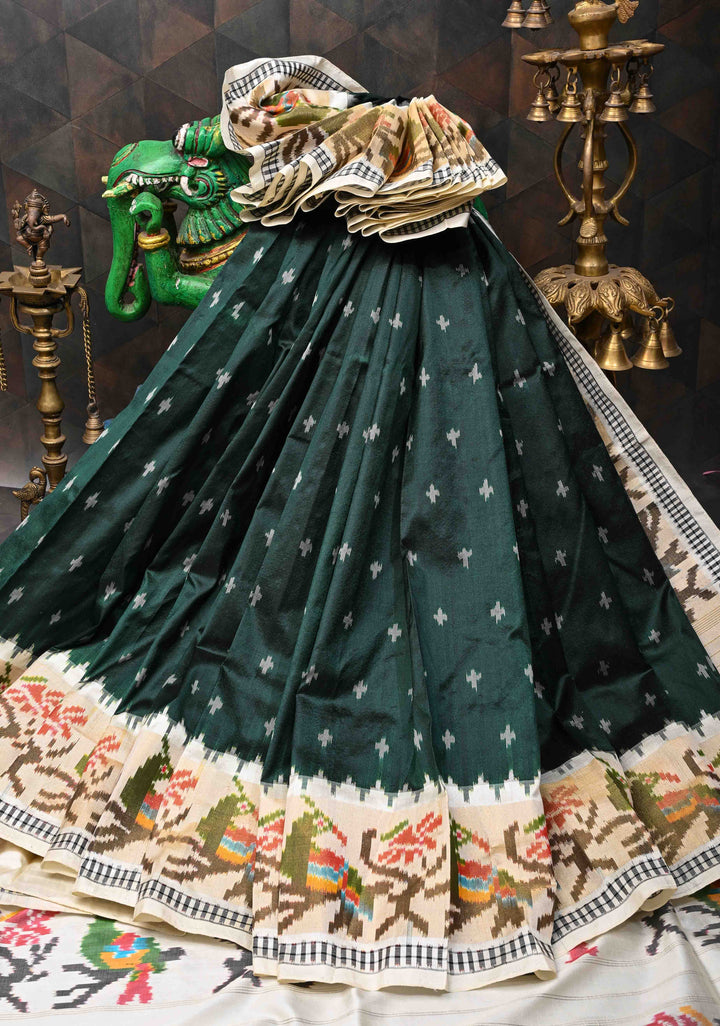 Exquisite Dark Green Ikkat Pure Silk Saree Saree with Meenakari Birds Tissue Border | SILK MARK CERTIFIED