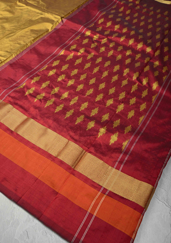 Ochre Pure Silk Saree with Maroon Ikkat Temple Border and Pallu  | SILK MARK CERTIFIED