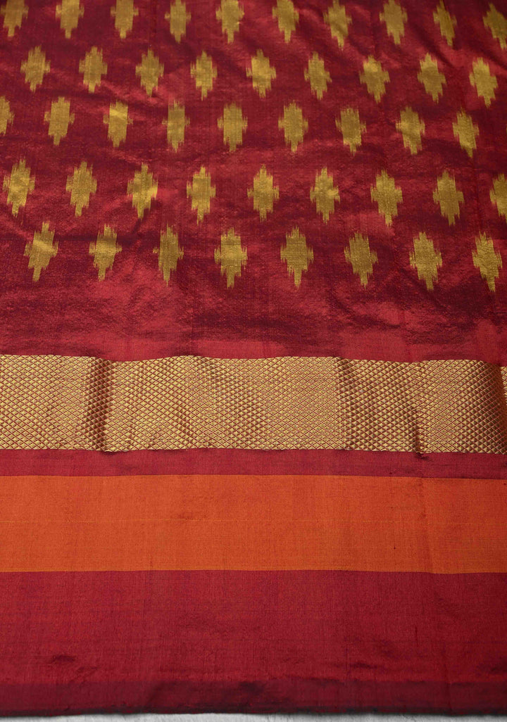 Ochre Pure Silk Saree with Maroon Ikkat Temple Border and Pallu  | SILK MARK CERTIFIED