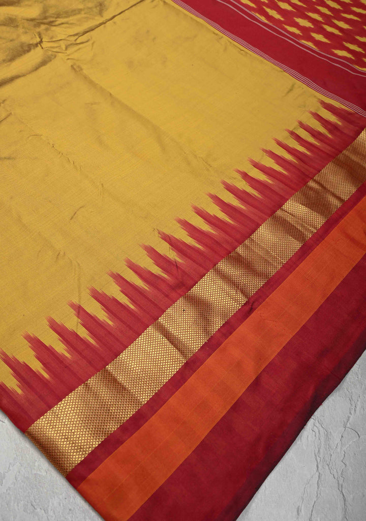 Ochre Pure Silk Saree with Maroon Ikkat Temple Border and Pallu  | SILK MARK CERTIFIED