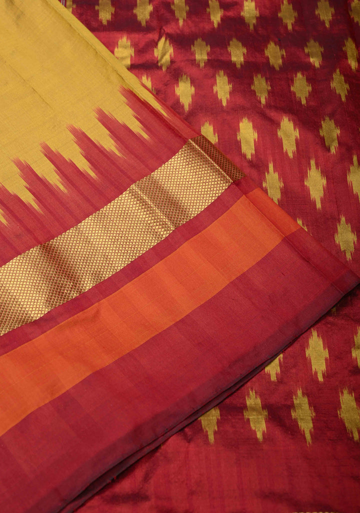 Ochre Pure Silk Saree with Maroon Ikkat Temple Border and Pallu  | SILK MARK CERTIFIED