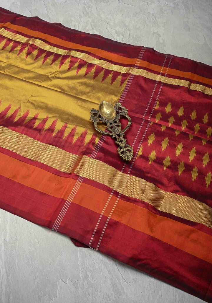 Ochre Pure Silk Saree with Maroon Ikkat Temple Border and Pallu  | SILK MARK CERTIFIED