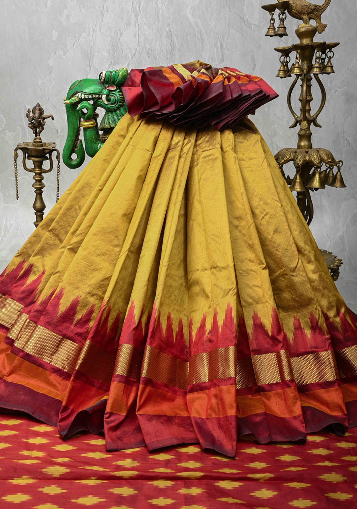 Ochre Pure Silk Saree with Maroon Ikkat Temple Border and Pallu  | SILK MARK CERTIFIED