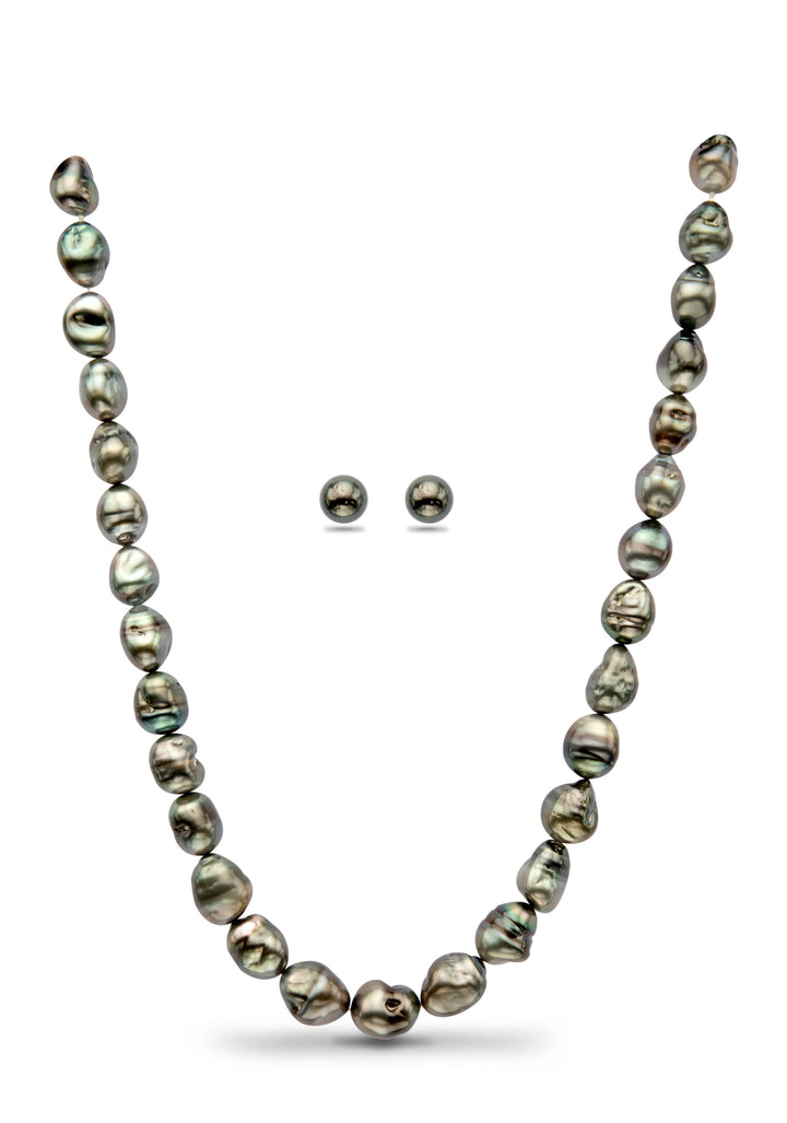 Black Baroque Tahitian Saltwater Pearls Necklace and Stud Set