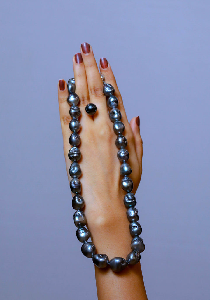 Black Baroque Tahitian Saltwater Pearls Necklace and Stud Set