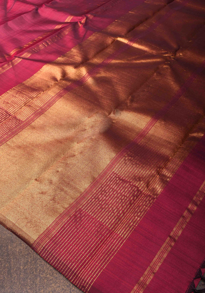 Vivid Burgundy Kanjivaram Silk Saree with Temple Zari Border | SILK MARK CERTIFIED
