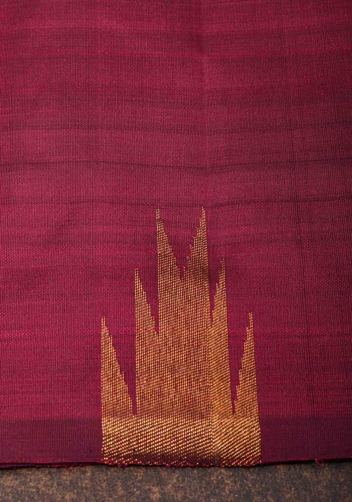 Vivid Burgundy Kanjivaram Silk Saree with Temple Zari Border | SILK MARK CERTIFIED