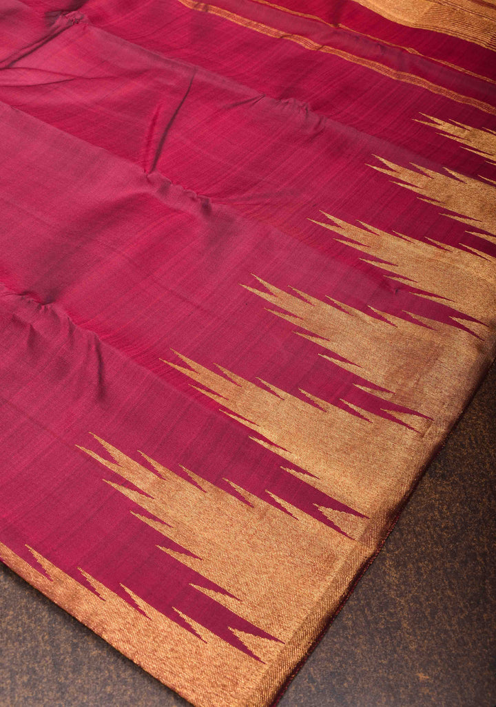 Vivid Burgundy Kanjivaram Silk Saree with Temple Zari Border | SILK MARK CERTIFIED
