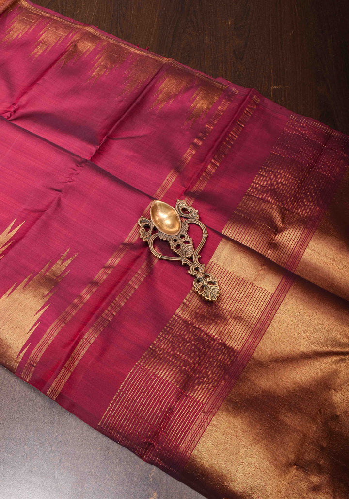 Vivid Burgundy Kanjivaram Silk Saree with Temple Zari Border | SILK MARK CERTIFIED