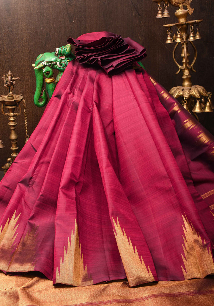 Vivid Burgundy Kanjivaram Silk Saree with Temple Zari Border | SILK MARK CERTIFIED