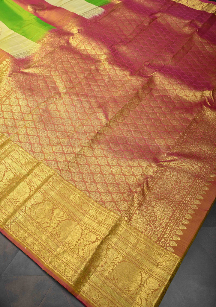 Multicolor Panels Design on Kanjivaram Pure Silk Saree with Paisley Buttas and Zari Border  | SILK MARK CERTIFIED