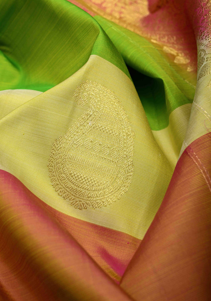 Multicolor Panels Design on Kanjivaram Pure Silk Saree with Paisley Buttas and Zari Border  | SILK MARK CERTIFIED