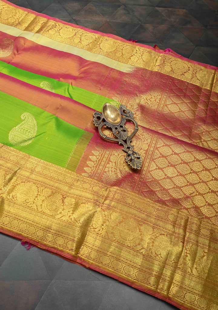 Multicolor Panels Design on Kanjivaram Pure Silk Saree with Paisley Buttas and Zari Border  | SILK MARK CERTIFIED
