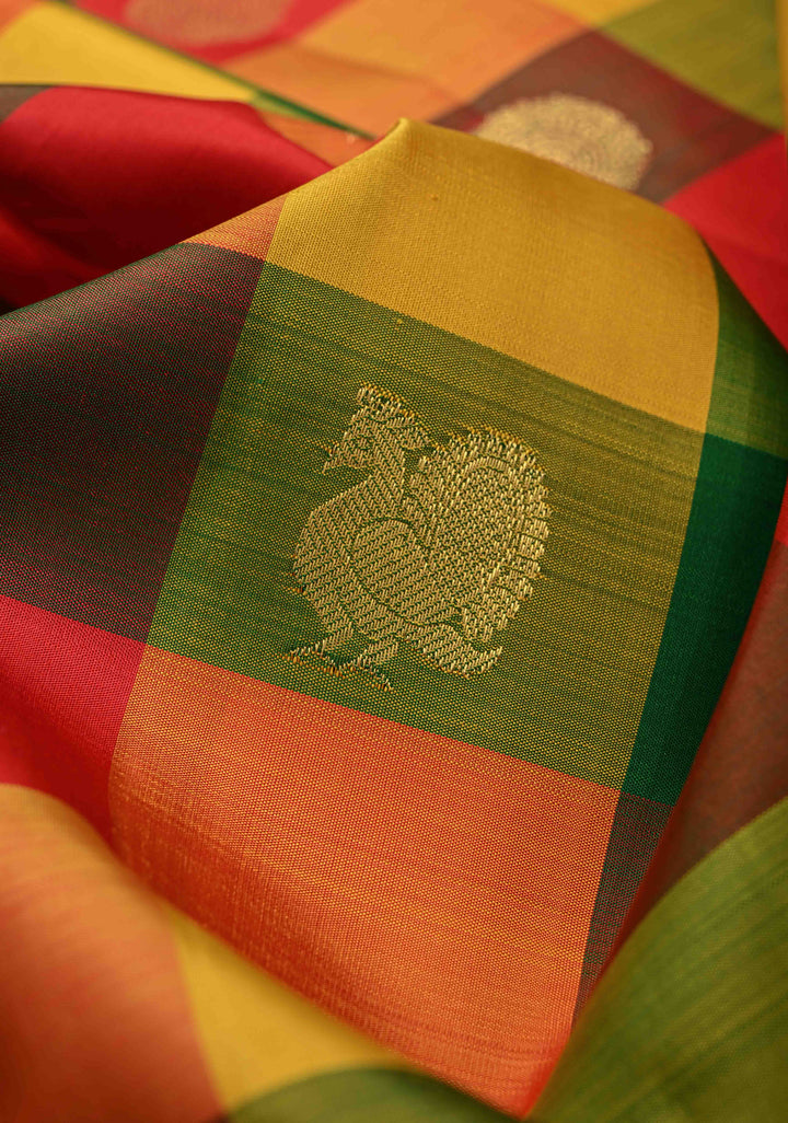 Multicolor Pallum Pazhamum Kanjivaram Silk Saree with Zari Buttas and Zari Border | SILK MARK CERTIFIED