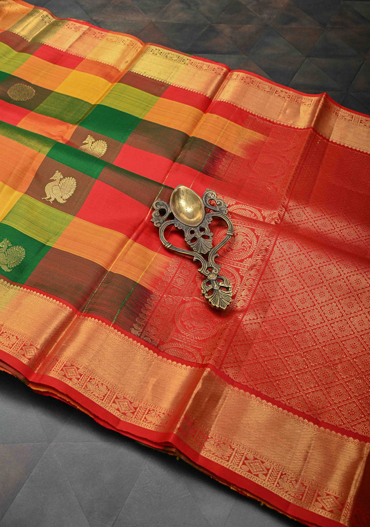 Multicolor Pallum Pazhamum Kanjivaram Silk Saree with Zari Buttas and Zari Border | SILK MARK CERTIFIED