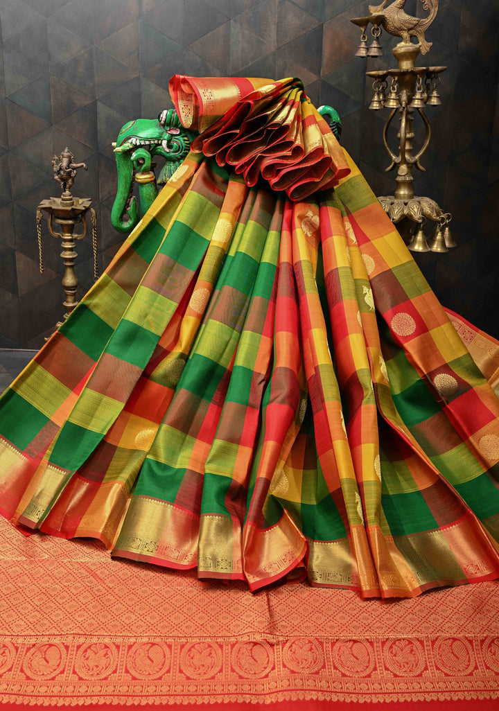 Multicolor Pallum Pazhamum Kanjivaram Silk Saree with Zari Buttas and Zari Border | SILK MARK CERTIFIED