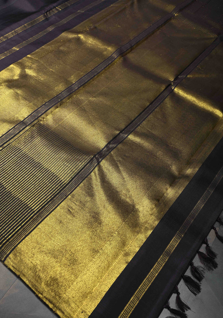 Authentic Kanjivaram Silk Saree in Beetlenut Black Tone with Gold Temple Border with Grand Pallu and Zari  | SILK MARK CERTIFIED