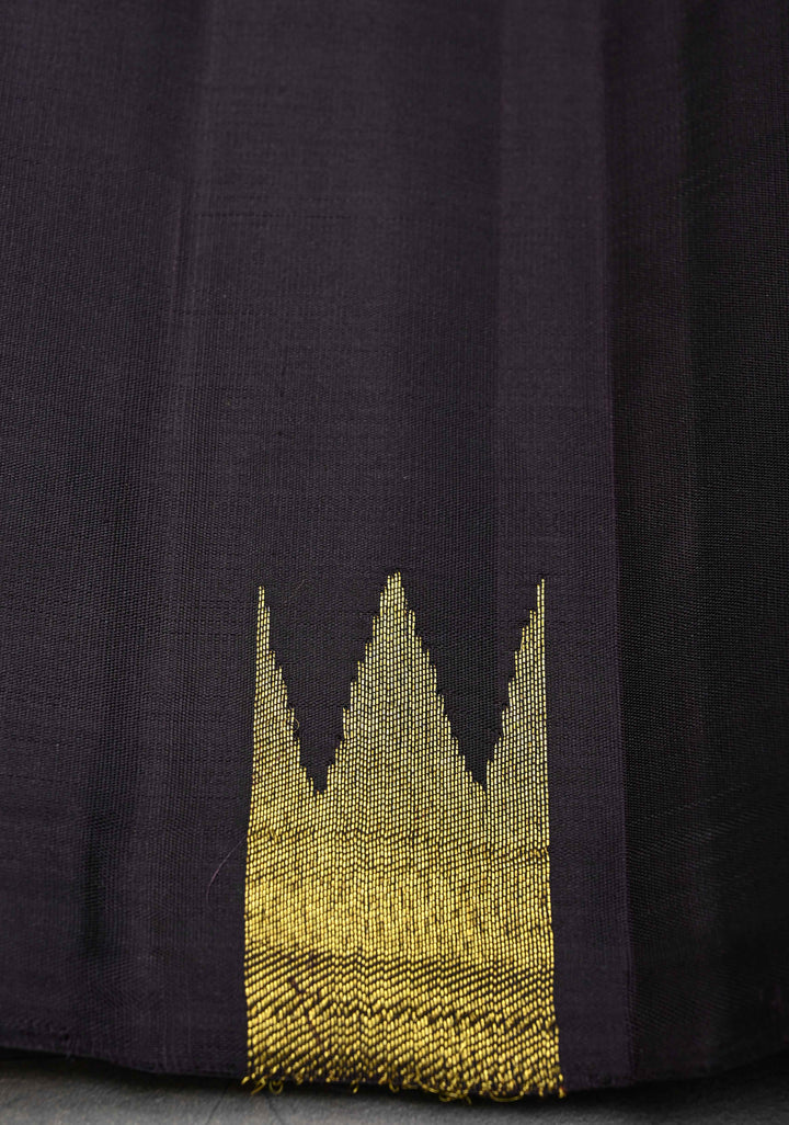 Authentic Kanjivaram Silk Saree in Beetlenut Black Tone with Gold Temple Border with Grand Pallu and Zari  | SILK MARK CERTIFIED