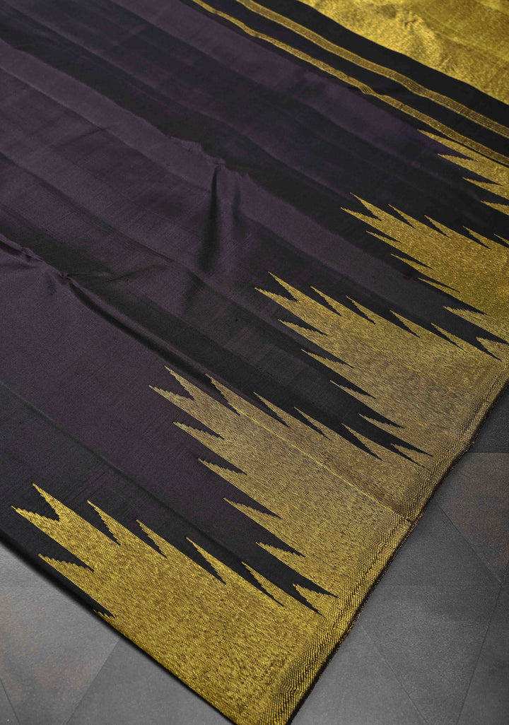 Authentic Kanjivaram Silk Saree in Beetlenut Black Tone with Gold Temple Border with Grand Pallu and Zari  | SILK MARK CERTIFIED
