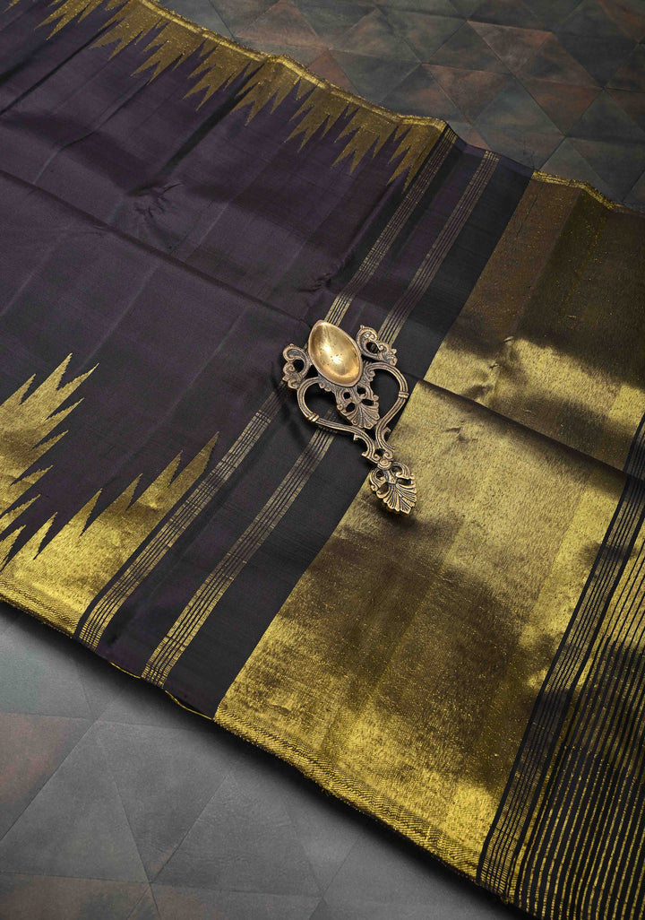Authentic Kanjivaram Silk Saree in Beetlenut Black Tone with Gold Temple Border with Grand Pallu and Zari  | SILK MARK CERTIFIED