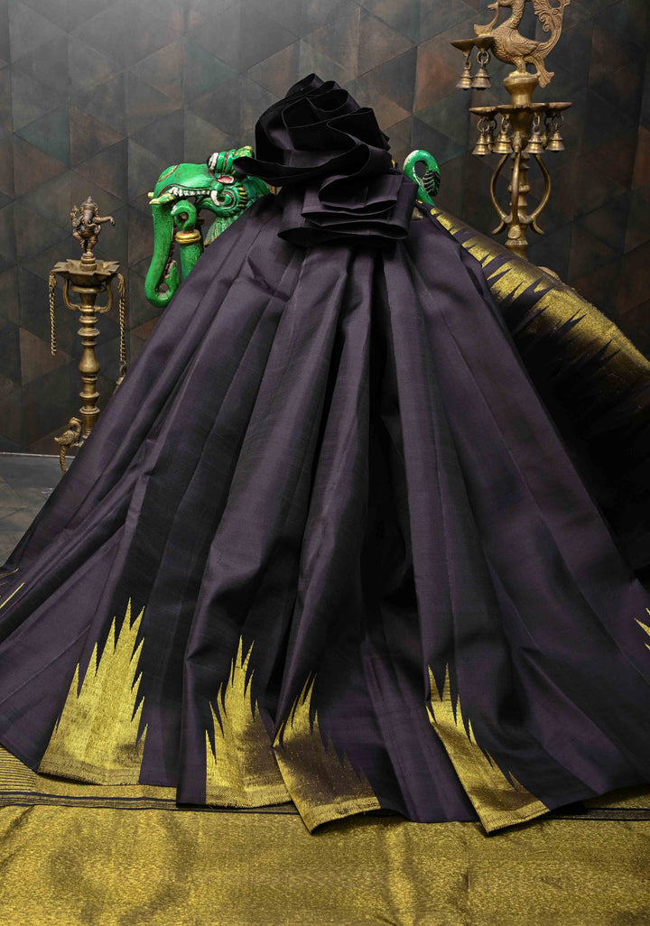 Authentic Kanjivaram Silk Saree in Beetlenut Black Tone with Gold Temple Border with Grand Pallu and Zari  | SILK MARK CERTIFIED