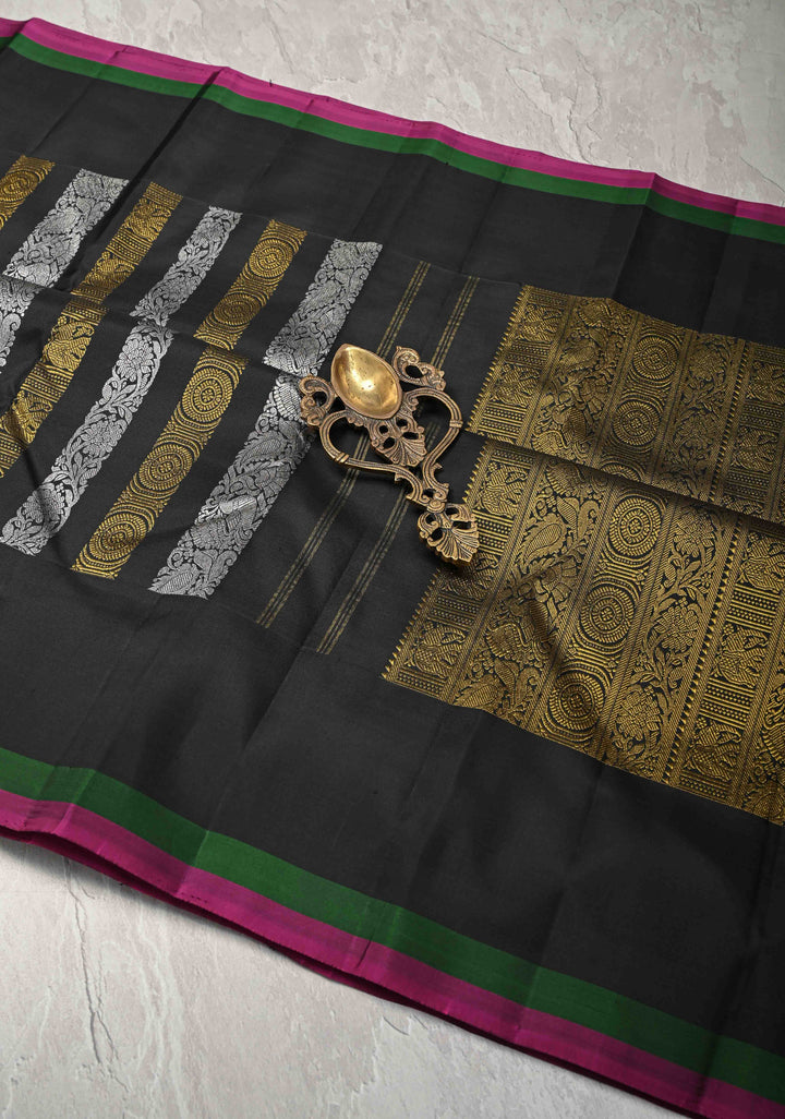 Black Kanjivaram Pure Silk Saree with Gold and Silver Vertical Stripes   | SILK MARK CERTIFIED